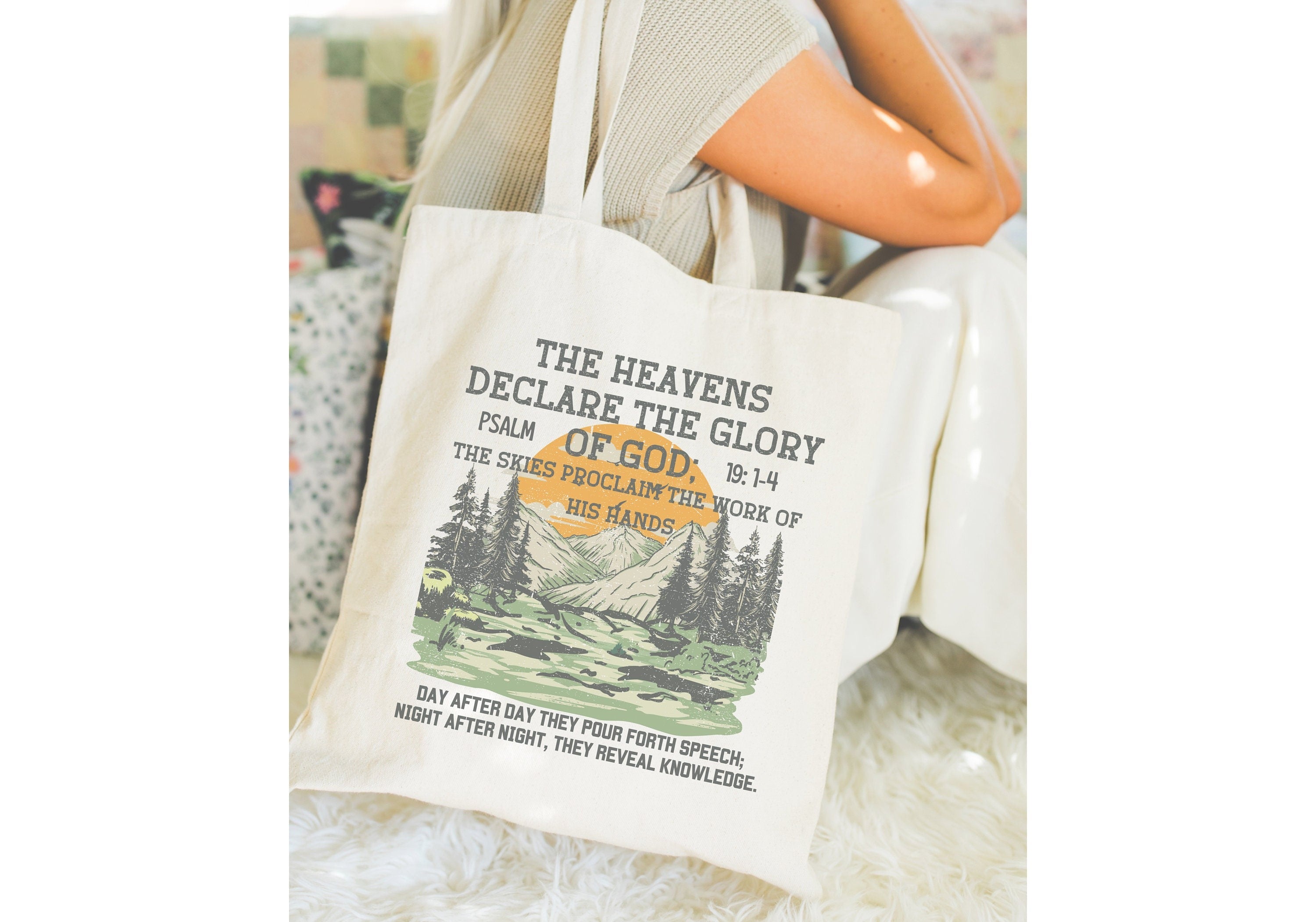 Psalm 19:1 Christian Canvas Tote Bag – Bible Verse Tote – Religious Gift – Church Bag – Godly Gift – Homeschooler Tote – Aesthetic Reusable Bag